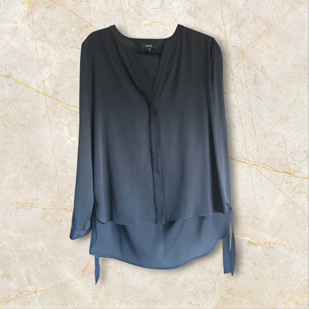Theory Black Layered V-Neck Long Split Sleeve Blouse